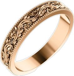 a gold wedding ring with filigrees and scrolls on the sides, set against a white background