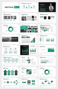 a bunch of green and white powerpoint slideshows with diagrams, graphs and icons