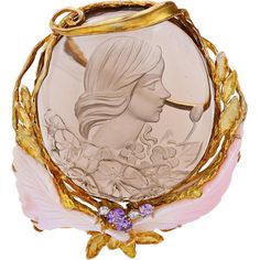 18K Yellow Gold Cameo Quartz Brooch - Purple Sapphire and Diamond Accent - 88.02 Carat Total Stone Weight Purple Sapphire, Yellow Gold Jewelry, Purple Hues, Intricate Design, Estate Jewelry, Lapel Pins, Types Of Metal, Timeless Elegance, Brooches