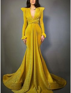 A-Line Evening Gown Elegant Dress Formal Court Train Christmas Long Sleeve V Neck Lurex Fabric with Glitter Pleats Ruched 2024 Train Christmas, Gown Elegant, Lurex Fabric, Ellie Saab, Dresses Formal Elegant, Evening Gowns Elegant, فستان سهرة, Dress Formal, Junior Dresses