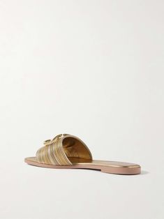 Chic Gold Calf Leather Sandals, Chic Gold Sandals In Calf Leather, Elegant Gold Leather Slides, Elegant Gold Flat Slides, Luxury Gold Calf Leather Sandals, Chic Gold Leather Slides, Elegant Gold Open Toe Slides, Gold Flat Slides, Luxury Gold Open Toe Slides