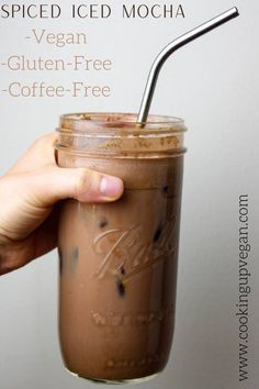 Coffee and dairy free spicy iced mocha in a glass with a straw. Iced Coffee Recipe Vegan, Vegan Iced Coffee Recipes, Cacao Coffee Replacement, Iced Coffee Alternative, Coffee Replacement Drinks Healthy, Healthy Coffee Replacement, Drinks To Replace Coffee, Vegan Coffee Recipes Healthy, Coffee Blender Recipes