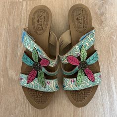 Size: 10.5-11 According To Brand's Website Condition: New And Never Worn (Does Have Peeling Starting On Inside Of Straps See Pictures) Original Box Not Included Turquoise Synthetic Sandals For Spring, Blue Bohemian Sandals For Spring, Middle East Jewelry, Artistic Shoes, L'artiste By Spring Step, Leather Slide Sandals, Website Branding, Leather Slides, Middle East