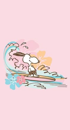 a cartoon dog riding on top of a surfboard in the water with flowers around it