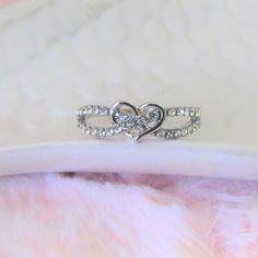 Infinity Heart Cross Over Diamond Silver Ring- Size 8 Valentine's Day Infinity Heart Ring, Infinity Heart Ring For Valentine's Day Promise, Infinity Heart Ring For Valentine's Day, Infinity Heart, Girly Jewelry, Womens Jewelry Rings, Beautiful Jewelry, Ring Size, Silver Rings