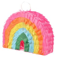 a paper bag with a rainbow design on the front and bottom, hanging from a string