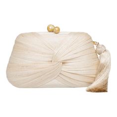 Clutch in natural abaca / silk with draped front and silk tassel. Shell inlay closure, fully lined with drop in chain shoulder strap. Ivory Drapes, White Clutch, Drape Panel, Gold Clutch, Handbag Heaven, Royal Jewelry, Evening Clutch Bag, Evening Clutch, Drop In