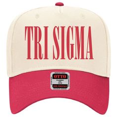 a red and white hat with the words tri sigma on it