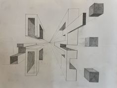 a pencil drawing of several cubes and lines