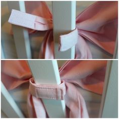 two pictures of pink and white ribbons tied to the back of a chair with one knoted at the end