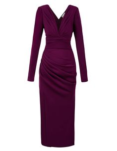 GRAPE PURPLEOffice & Cocktail Dress V- neckline Regular fit design Frontal drapery Midi length Fit for any type of bra / no bra Long sleeves Concealed back zip Standard length: 75 cm Available colors: Blue, Red, Black, Purple, Green Fabric Composition: 98%PES 2% elastane Lining: 100% synthetic silk (95%polyamide 5%elastane) Texture: Medium density fabric Feel on skin: Soft Breathable fabric:Yes Durability: it can undergo many washes if taken care of properly, as mentioned on the tag Model measur Elegant V-neck Bodycon Dress With Back Zipper, Fitted V-neck Bodycon Dress For Gala, V-neck Bodycon Dress For Gala, Fitted Dinner Dress With Back Zipper, Fitted V-neck Evening Dress For Dinner, Fitted Evening Dress With Ruched Bodice For Dinner, V-neck Cocktail Bodycon Dress With Back Zipper, Cocktail Bodycon Dress With Back Zipper, V-neck, V-neck Bodycon Dress With Back Zipper For Cocktail