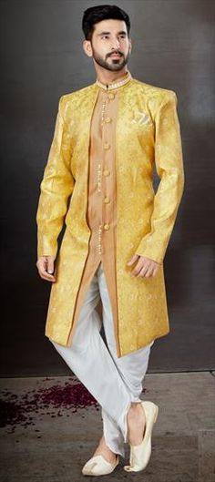 Yellow color IndoWestern Dress in Jacquard fabric with Embroidered, Resham, Thread, Weaving work Indowestern Dress, Indowestern Sherwani, Indian Groom Dress, Thread Weaving, Indo Western Sherwani, Yellow Lehenga, Celebrity Gowns, Indo Western Dress, Western Jacket