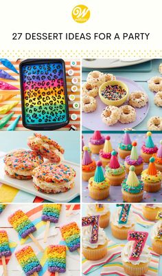 colorful desserts and cupcakes are featured in this collage with the words, 27 desert ideas for a party