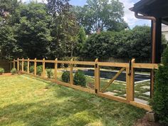 a fenced in backyard with grass and trees