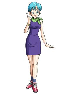 an anime character with blue hair wearing a purple dress and green scarf, holding her hand up