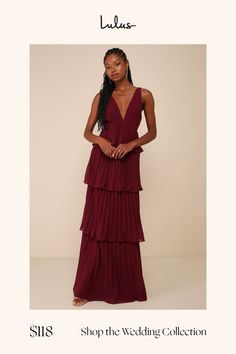 The ambiance of any room will be instantly more elegant when you walk in wearing the Lulus Mesmerizing Essence Burgundy Pleated Backless Tiered Maxi Dress! Airy, pleated woven chiffon shapes a sleeveless bodice with a flirty V-neckline and slender tying straps that secure above an even flirtier open back, all supported by wide shoulder straps. The flattering, empire-style waist tops a sweeping maxi skirt adorned with flouncy tiers throughout the A-line silhouette. Hidden back zipper/clasp. Fit: Tiered Pleated Maxi Dress For Party, Pleated Tiered Maxi Dress For Party, Glamorous Pleated Maxi Dress For Night Out, Elegant Pleated Dress For Date Night, Elegant Night Out Dresses With Accordion Pleats, Elegant Dresses With Accordion Pleats For Night Out, Elegant Accordion Pleated Dress For Night Out, Elegant Tiered Maxi Dress For Date Night, Formal Tiered Pleated Dresses