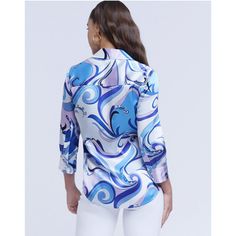 A Timeless Button-Down Blouse In A Lustrous Silk Charmeuse Featuring A Kaleidoscopic Print With Hues Of Royal Blue, Sky Blue, And Lavender. Includes A Three-Quarter Sleeve And High-Low Shirttail Hem. Spread Collar And Back Yoke Offer A Tailored Touch To This Feminine Look. 100% Silk. Style No. 40126smw-Smpl Elegant Printed Blue Blouse, Elegant Blue Printed Blouse, Blue Printed Tops For Work, Printed Blue Tops For Workwear, Blue Printed Shirt For Work, Printed Blue Shirt For Work, Fitted Blue Printed Blouse, Fitted Collared Blue Blouse, Converse One Star White