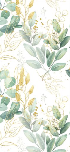 a white and gold wallpaper with green leaves