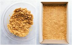 two pictures side by side one with cake batter and the other with bread crumbs