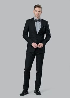 Classic Black Suit | Menguin | Black Suit Rental Party Slim Fit Suits, Slim Fit Party Suit, Party Slim Fit Suit In Suiting Fabric, Fitted Professional Blazer For Black Tie Events, Sleek Fitted Tuxedo For Party, Professional Tuxedo For Black-tie Events, Slim Fit Tuxedo For Black-tie Events, Professional Tuxedo For Black-tie Events With Suit Collar, Tailored Professional Tuxedo For Black-tie Events