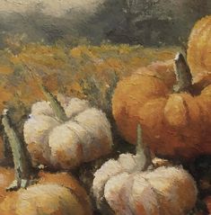 an oil painting of pumpkins in a field