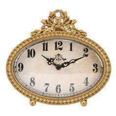 an ornate gold clock with black hands and numbers on the face is isolated against a white background