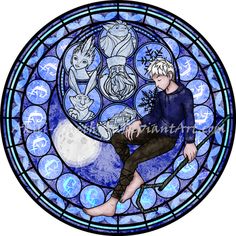 a drawing of a man sitting in front of a stained glass window with zodiac symbols on it