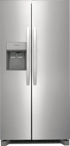 a silver refrigerator freezer sitting next to a white counter top with an ice dispenser