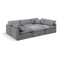 Experience ultimate comfort and style with our grey velvet Indulge Sectional. The luxurious velvet will elevate the aesthetic of any room. This sofa provides ample space for you to relax while its modular build offers the option of unlimited configurations. Whether you're looking to add a stylish element to your living room or a comfortable seating option to your bedroom, this sofa is the perfect choice. Features: Material: Velvet Finish: Gray Thick Foam Around Frame For Additional Comfort Modul Transitional Sectional Sofas, Gray Sectional, Velvet Sectional, Sectional With Ottoman, Grey Sectional, U Shaped Sectional, Living Room Bookcase, Meridian Furniture, Upholstered Sectional