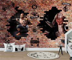 a brick wall with an image of two men in the gym