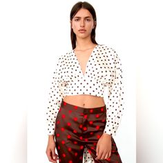 V-Neck Crop Top Featuring Long Cuffed Sleeves, A Back Vent And Tie Detail At The Hem. Chic Polka Dot Blouse By Zara, Zara Chic Polka Dot Blouse, Chic Zara Polka Dot Blouse, Zara Polka Dot Long Sleeve Blouse, Zara Long Sleeve Polka Dot Blouse, Zara Long Sleeve Polka Dot Top, Chic V-neck Polka Dot Blouse, Polka Dot V-neck Blouse For Day Out, Neck Crop Top