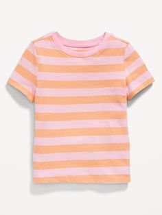 Basic Pink T-shirt For Fall, Striped Cotton T-shirt For Spring, Spring Striped Cotton T-shirt, Striped Cotton Crew Neck Top, Playful Pink Crew Neck Top, Pink Printed Crew Neck Top, Spring Striped Graphic Tee T-shirt, Striped Cotton Tops With Graphic Print, Trendy Striped Crew Neck Top