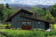 this is an artist's rendering of a small house in the woods with mountains in the background