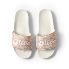 WOMEN'S ROMANTIC PERSONALIZED WATERPROOF POOL SLIDES ARE GREAT FOR A BACHELORETTE PARTY OR AS BRIDESMAID GIFTS. PEOPLE ALSO LOVE THEM AS CHRISTMAS GIFTS FOR USE AS INDOOR SLIPPERS. Please check the sizing (size conversion) chart between the listing photos. A must-have for the summer: these beige women's slides with printed ivory lace and custom name in white with a beige color outline. A pair of these will keep you comfy throughout your day of beach or pool activities, thanks to the cushioned up Bridal Sneakers, Cute Slides, Pool Activities, Pool Shoes, Custom Slides, Bride Shoes, Womens Slides, Slingbacks, Monogram Gifts