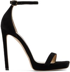 Suede heeled sandals in black. · Open square toe · Strap at vamp · Adjustable pin-buckle ankle strap · Logo patch at leather footbed · Covered stiletto heel with rubber injection · Leather sole · Heel: H4.5 in Supplier color: Black Black Heels Strappy, Hoco Ideas, Formal Ideas, Black Open Toe Heels, Wardrobe Goals, Dream Prom, Jimmy Choo Heels, Black Strappy Heels, Sandal Heels