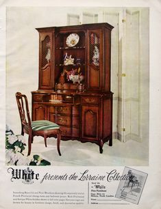 an advertisement for furniture from the 1950's, featuring a china cabinet and chair