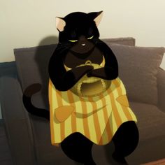 a black cat sitting on top of a couch next to a bowl of food in it's paws