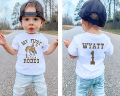 two pictures of a toddler wearing a hat and t - shirt with the words, my first rodeo on it