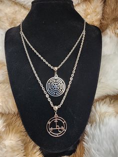 "Double strand stainless steel chain with Hekates strapholos and Lilith sigil pendants. Pendants and clasp are stainless steel. Short chain is 16\", longest length is 19\". Also available in 18\"/21\". Lobster clasp.  When putting this necklace on, make sure chain is not twisted on either end or chains will tangle while wearing" Wicca Protection, Witch Protection, Witch Goddess, Lilith Sigil, Goddess Hecate, Pagan Goddess, Witch Necklace, Pagan Witch, Clarksville Tn