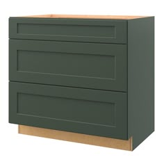 a green cabinet with two drawers on the bottom and one drawer closed up to reveal an unfinished piece of wood