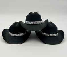 "This cute miniature cowgirl hat is perfect for a Last Rodeo Themed Bachelorette Party, Bridal Shower, or Western Themed Birthday Party! This is a black felt hat with a rhinestone border fastened with two mini alligator clips on the bottom of the hat. This is the perfect accessories for Austin, Nashville, Vegas, you name it! Can you say Yee-Haw!! You can get the hat with a veil for any perfect bride! Buy 5 or more and save 10% with coupon code \"PARTY10\" HAT DETAILS: * Mini-cowboy hat with rhin Western-style Mini Hats For Western-themed Events, Western Black Costume Hats And Headpieces For Party, Western Curved Brim Costume Hat For Parties, Western Style Fedora For Party, Western Fedora With Curved Brim For Parties, Western Style Fedora With Curved Brim For Parties, Western Mini Hat With Flat Brim For Party, Western Brimmed Party Hat, Adjustable Black Mini Hats For Western-themed Events