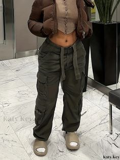 Katykey - Womens Vintage Cargo Pants: Stylish Baggy Jeans with Wide Leg, High Waist, and Y2K & Kpop Style - Perfect for 90s Streetwear Fashion and Everyday Wear Green Y2k Style Baggy Cargo Pants, Green Baggy Y2k Cargo Pants, Y2k Green Pants For Fall, Green Y2k Pants For Fall, Y2k Style Green Pants For Fall, Khaki Y2k High-waisted Bottoms, Y2k High Waist Khaki Bottoms, Khaki High Waist Y2k Bottoms, Y2k Parachute Pants With Pockets For Fall