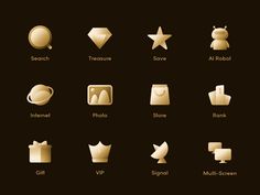 the golden icons are displayed on this black and brown background, with different shapes to choose from