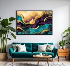 a living room with a blue couch and large painting on the wall above it's coffee table