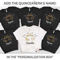 "Mis Quince Shirts, Quinceañera Shirts, Camiseta para Quinceañera  y chambelán, Quince Squad T-shirt, Mexican 15 Celebration, Sweet 16 Tee Our super cute and comfy Quinceañera T-shirts make a fantastic gift and are a wonderful addition to your Quince's big day!  Also perfect for your damas and for The Quinceañera's Mom to feel unique in these custom Bella+Canvas tees. 💎 >> This listing is for (1) one Quinceañera personalized single T-Shirt  - - - - IMPORTANT NOTE - - - - This is not sold as a s Quinceanera Damas And Chambelanes, Quince Shirts Ideas, Damas Outfits Quinceanera, Enchanted Quince, Quinceanera Chambelanes, Quince Outfit, Quince Shirts, Bridesmaid Slippers, Shirts Ideas