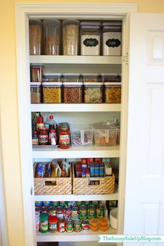 an organized pantry with lots of food in it