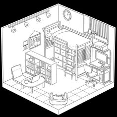 a black and white drawing of a bedroom with bunk beds, desks and chairs