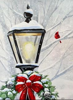 a painting of a street light with a red bow on it's front and snow covered trees in the background