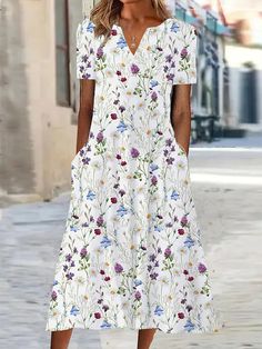 Women's Casual Dress Shift Dress Summer Dress Floral Pocket Print V Neck Midi Dress Active Fashion Outdoor Date Short Sleeve Regular Fit White Blue Summer Spring S M L XL XXL 2023 - US $26.99 Cheap Floral Print Shirt Dress For Summer, Cheap Short Sleeve Dresses With Embroidered Hem, Casual Non-stretch White Midi Dress, White Non-stretch Casual Midi Dress, Non-stretch White Floral Print Dress, Printed Non-stretch Knee-length Midi Dress, White Knee-length Floral Dress, White V-neck Shift Midi Dress, White Shift Midi Dress With V-neck