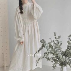 "This is a vintage type but new-made dress. Made of 100% cotton. Delicate lace embroidery flower decoration. Only white color and cream color available. Measures approximately: Bust: 55cm*2 (21.65\")*2 Length: 112cm (44.09\") Shoulder to Shoulder : 40cm (15.75\") Shoulder to Sleeve: 54cm (21.26\") ---------------------------------------- ❤ About Shipping Normally, it will takes 3-8 days to made the clothes after you submit the order. Free shipping for Worldwide countries. It takes about 20-30 da Vintage Long Sleeve Linen Dress For Spring, Long Sleeve Cotton Pastoral Dress, Beige Long Sleeve Linen Dress For Spring, Embroidered Long Sleeve Linen Dress For Spring, Beige Long Sleeve Cottagecore Dress, Feminine White Linen Dress, Cream Long Sleeve Linen Dress, White Long Sleeve Linen Dress For Spring, White Linen Cottagecore Dress